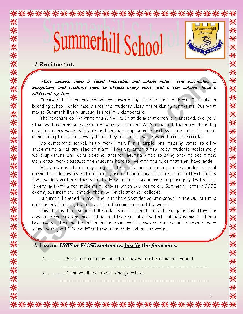 Summerhill school  worksheet
