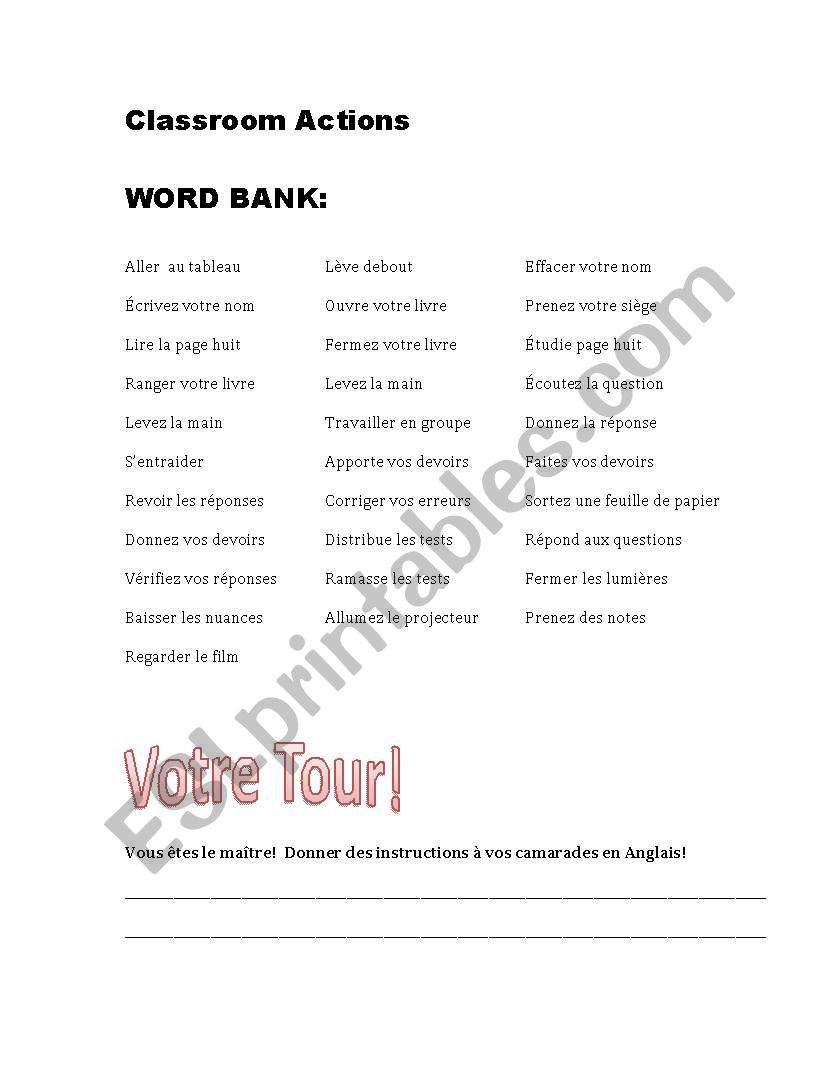 Classroom Actions worksheet