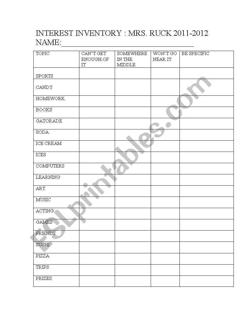 INTEREST INVENTORY worksheet