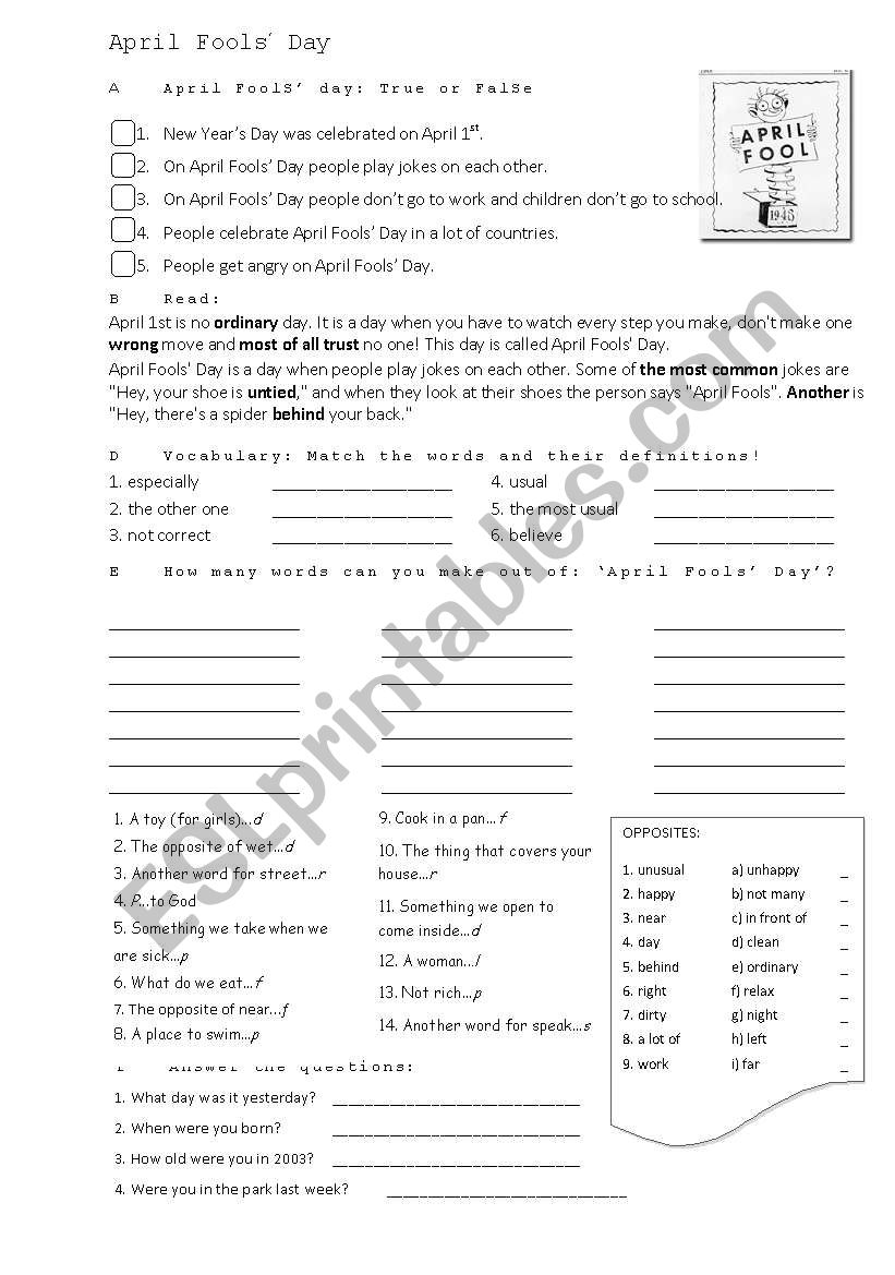 April fools day worksheet