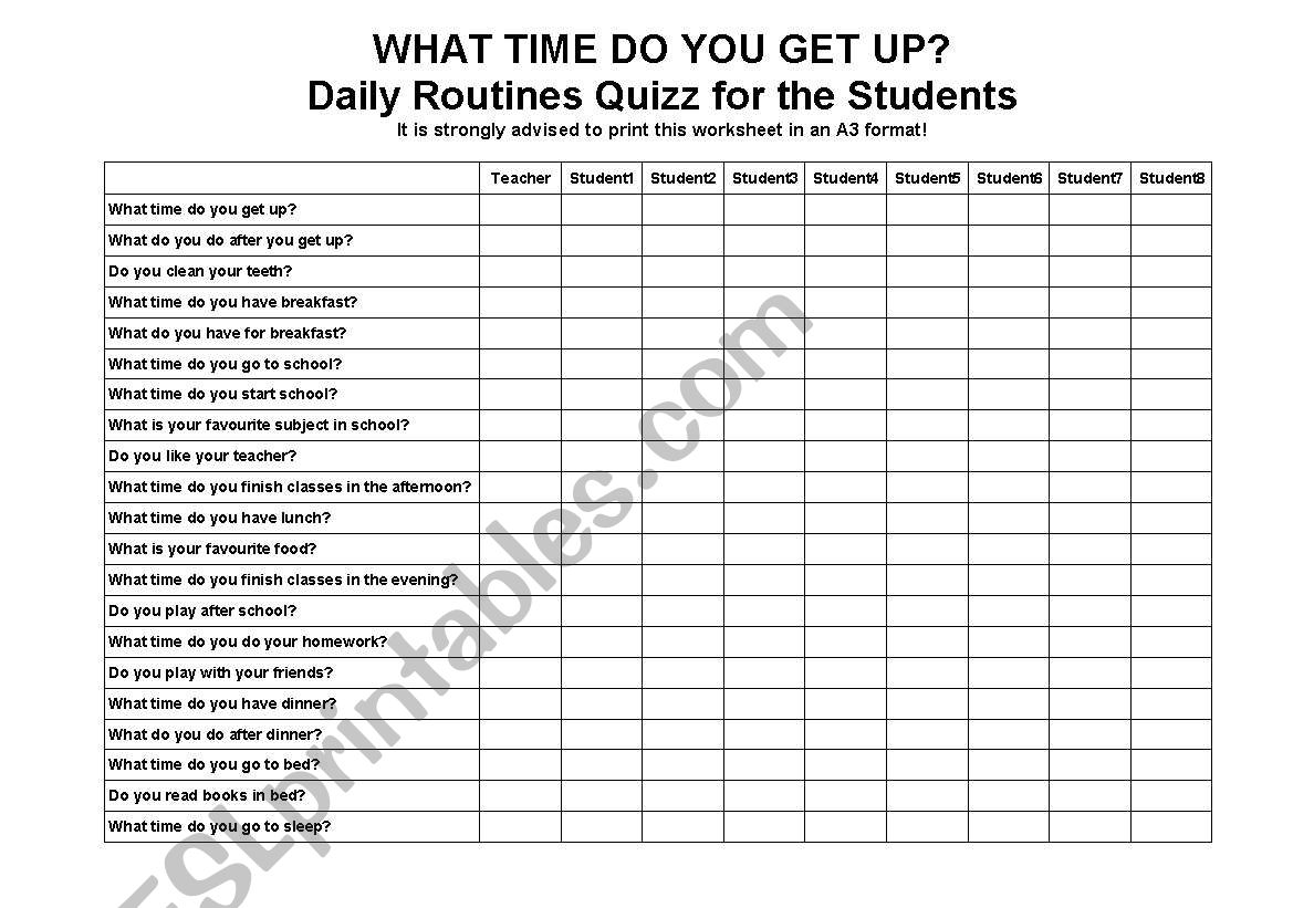 Daily Routines Quizz for the Students - What time do you get up
