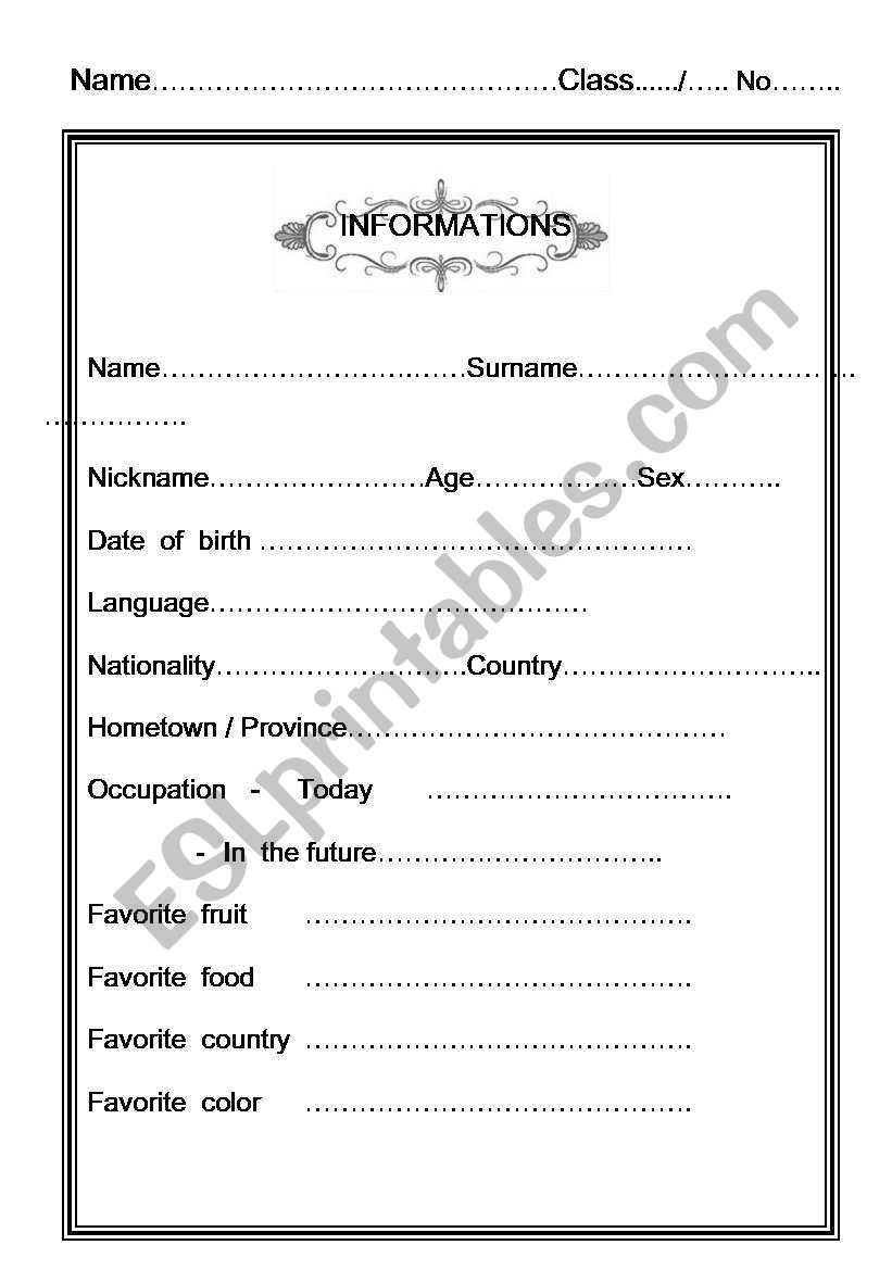 self informations worksheet