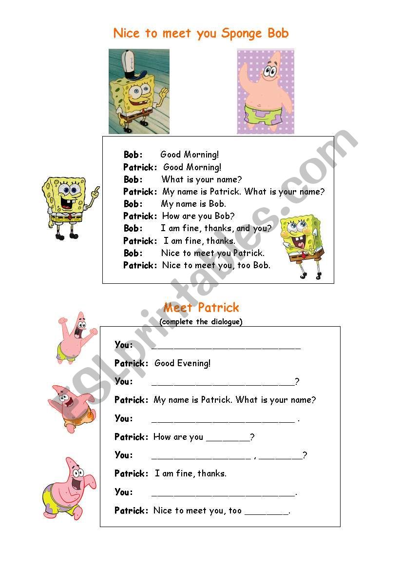 Nice to meet you Sponge Bob worksheet