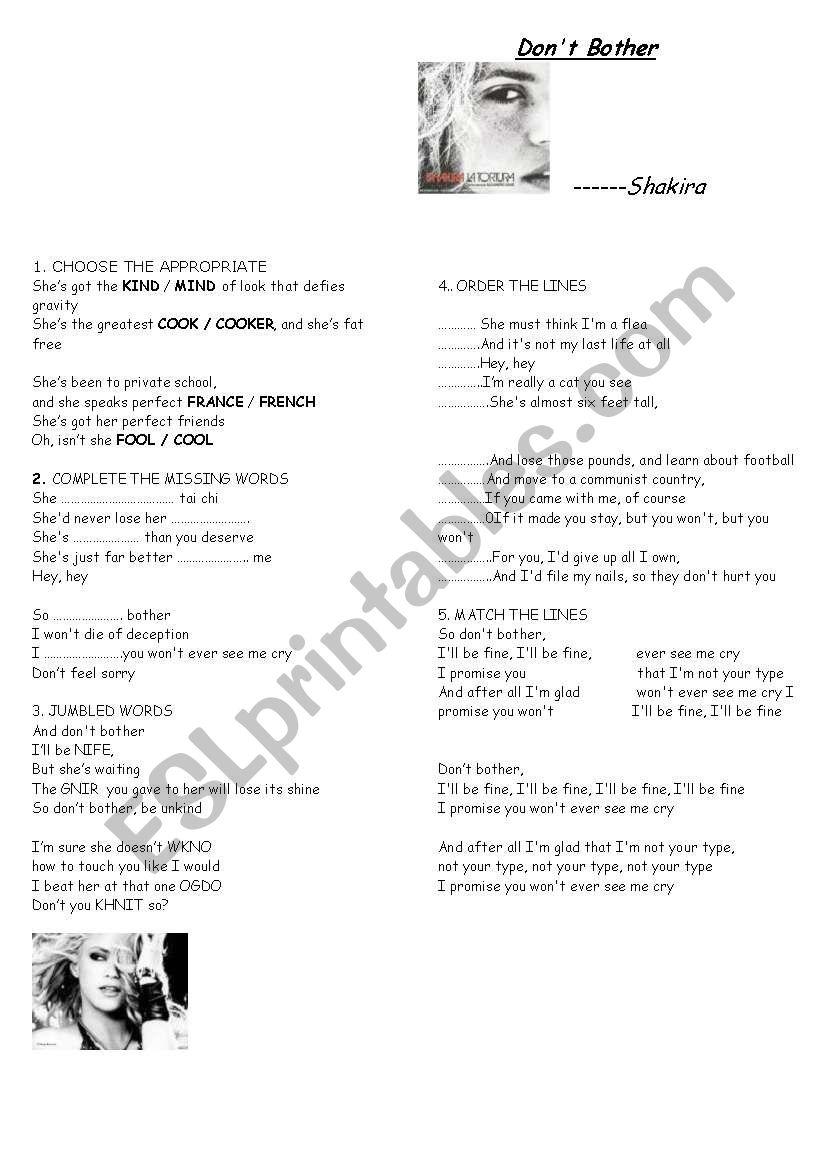 DONT BOTHER -SHAKIRA worksheet