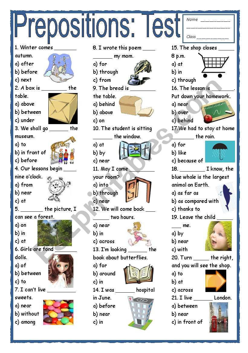 Prepositins Test worksheet