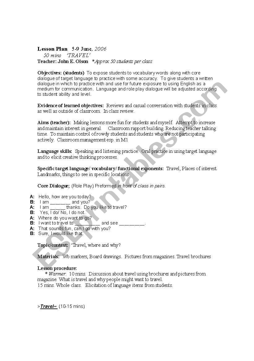 Travel/  Lesson plan worksheet
