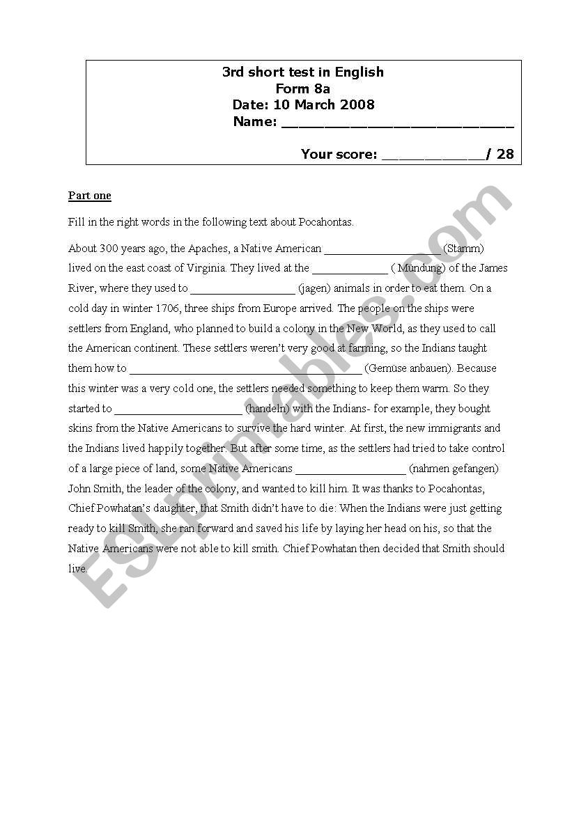 short test Native Americans worksheet