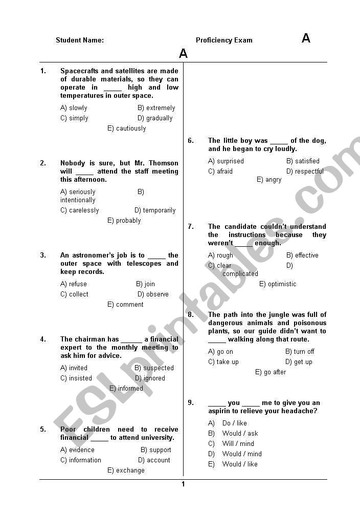 Proficiency Exam Ready to use worksheet