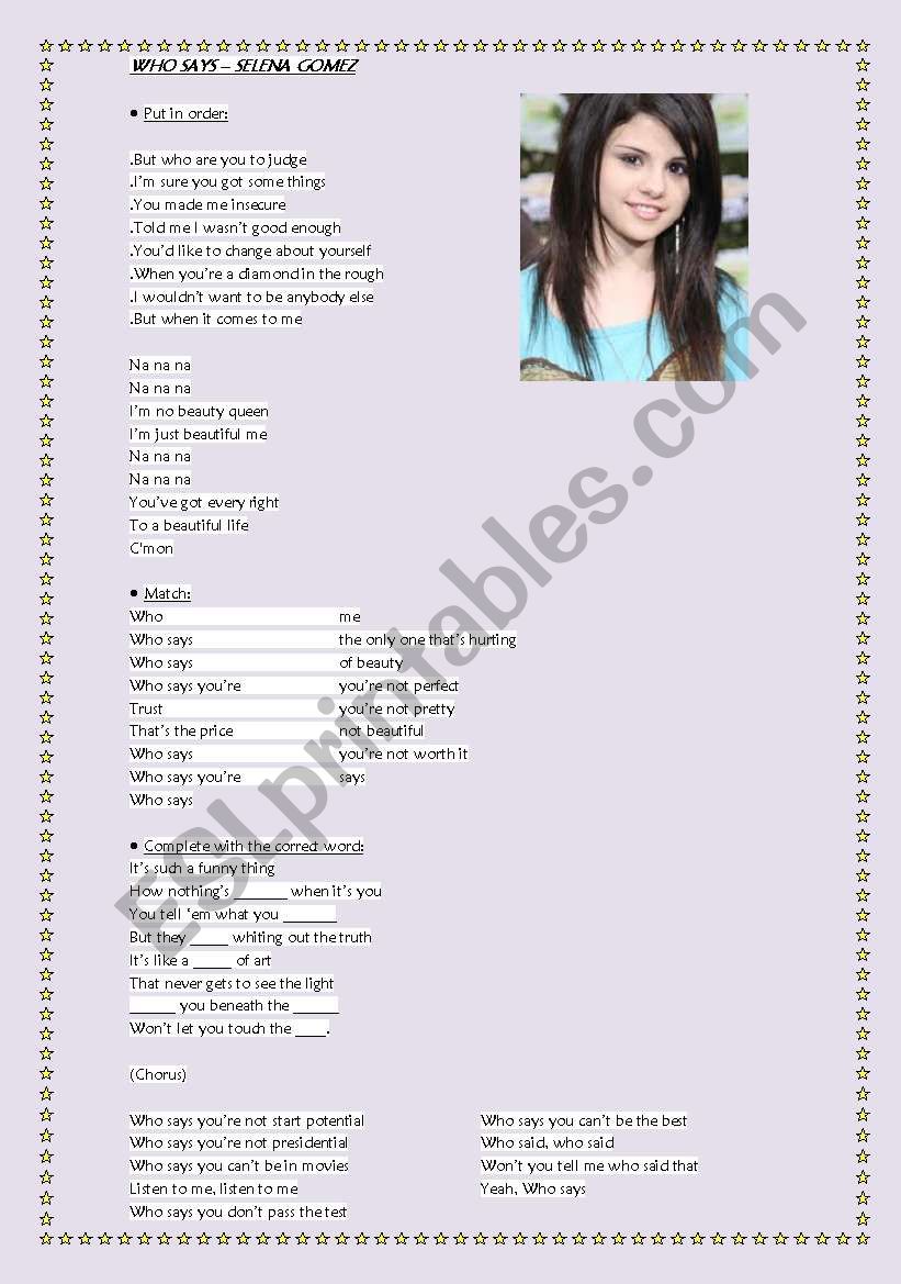 Selena Gomez - Who says  worksheet