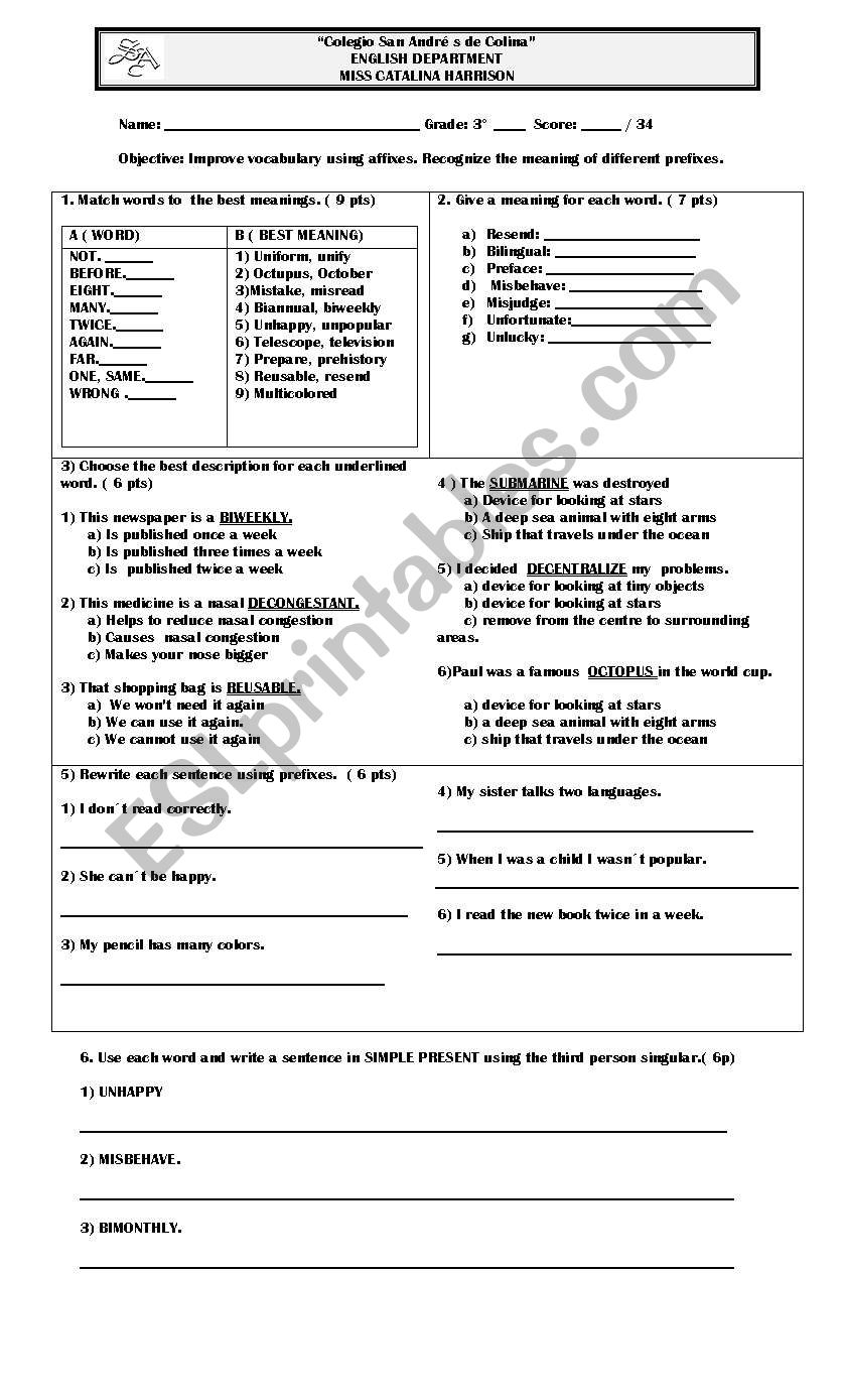Suffixes and Prefixes test worksheet
