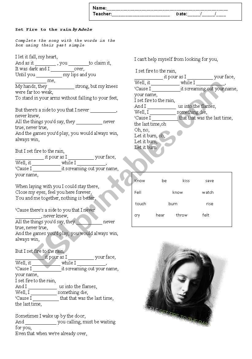 set fire to the rain worksheet