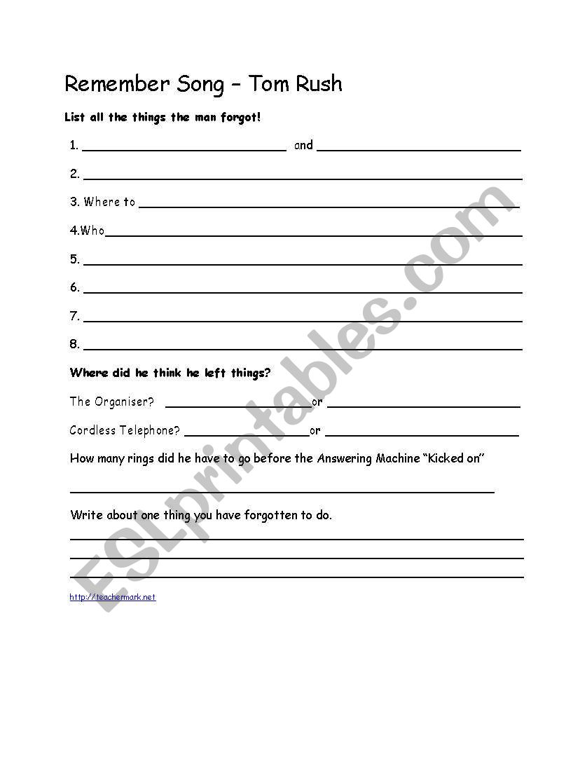 Remember Song - Tom Rush worksheet