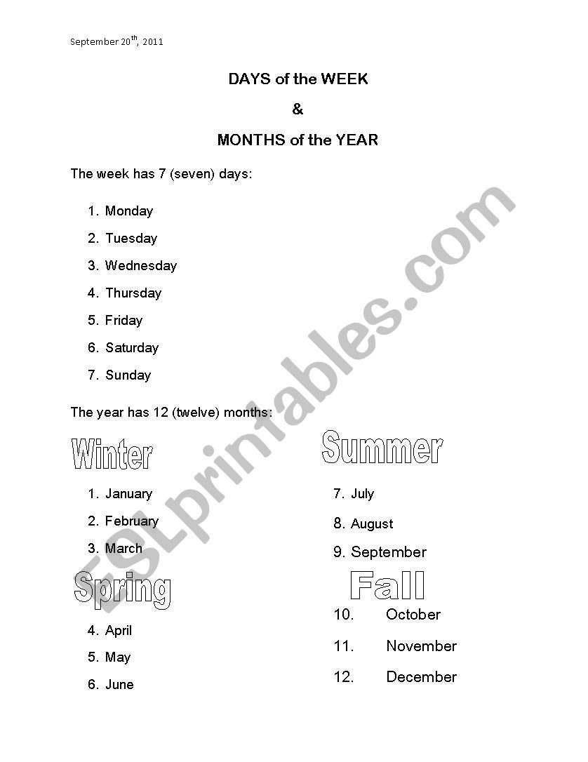 Days of the Week and Months of the Year 