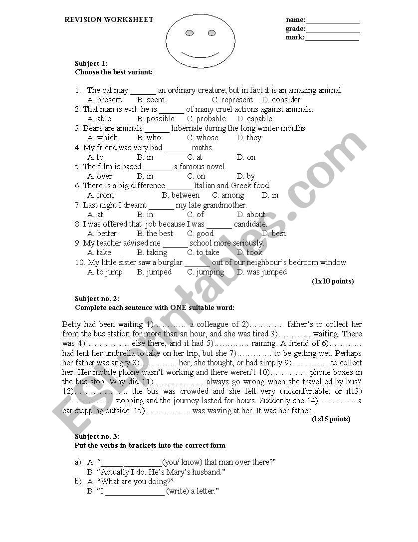 Revision Worksheet for the 8th grade