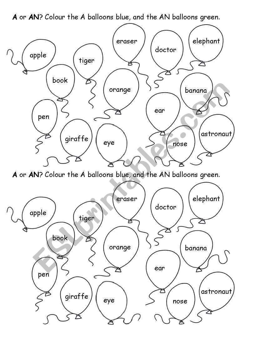 A or AN - colouring activity worksheet