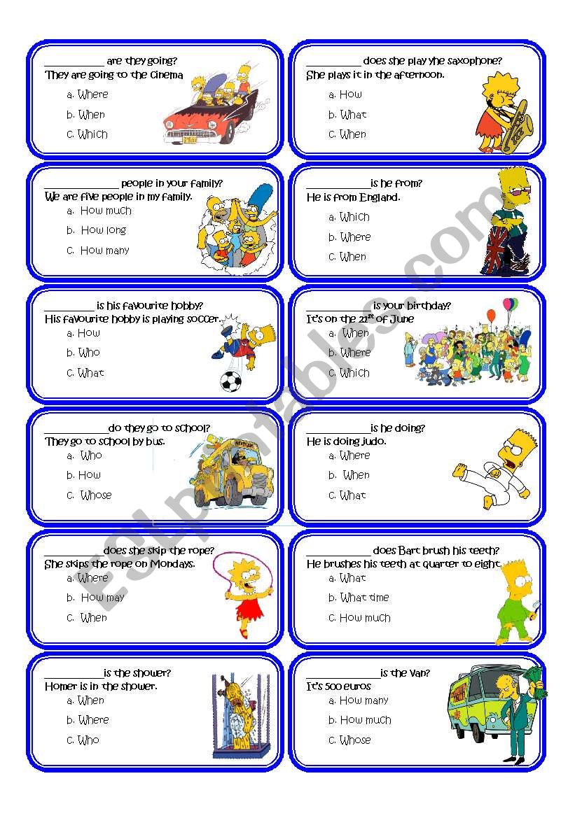 Wh_questions_multiple_choice_cards with the Simpsons set1