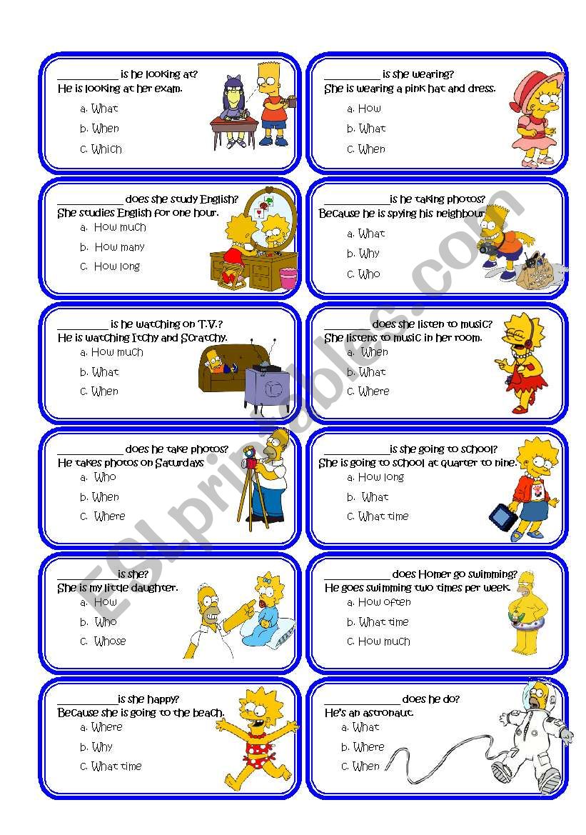 Wh_questions_multiple_choice_cards with the Simpsons set2