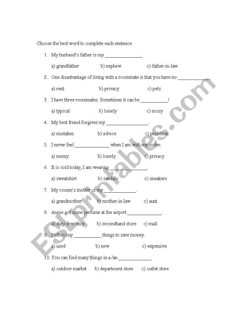 vocabulary worksheet