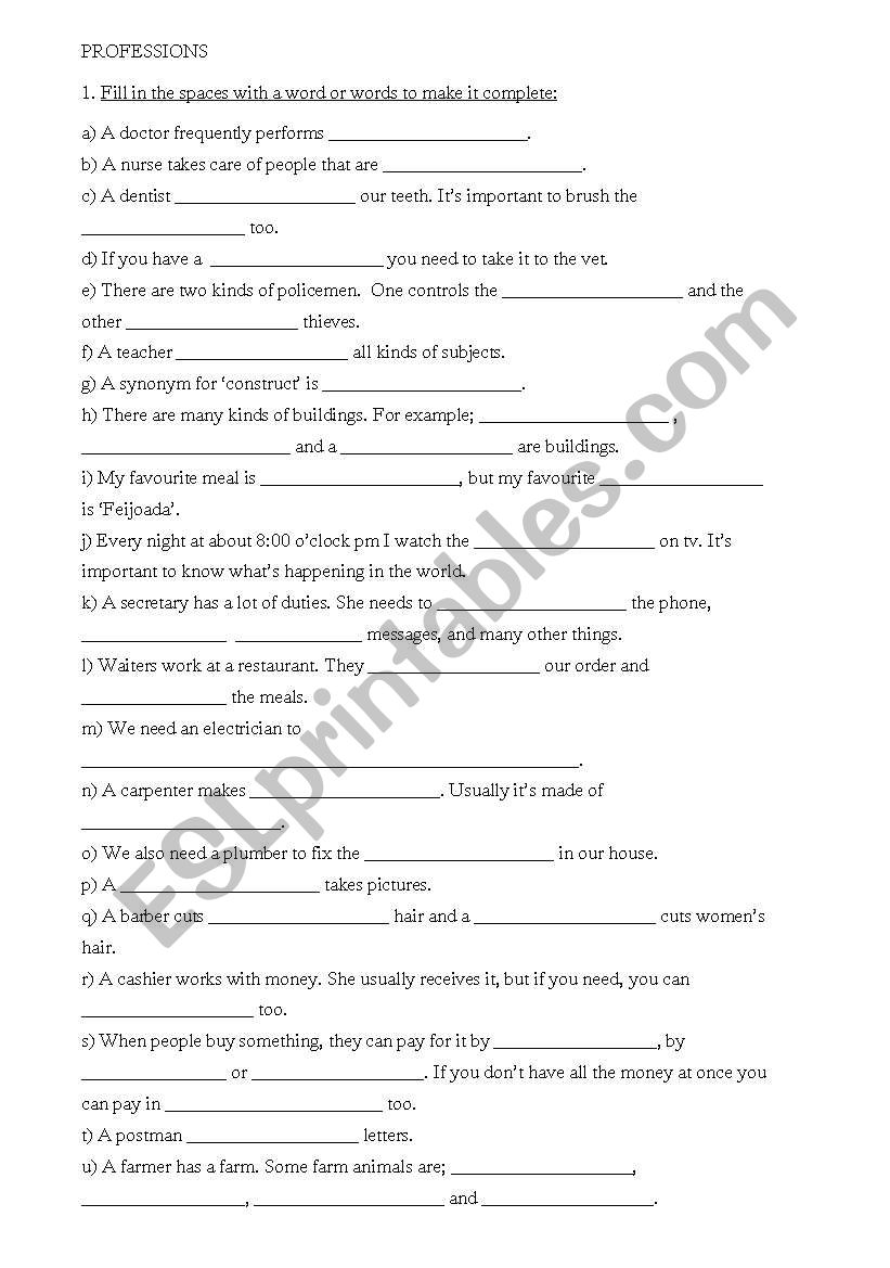 Professions worksheet