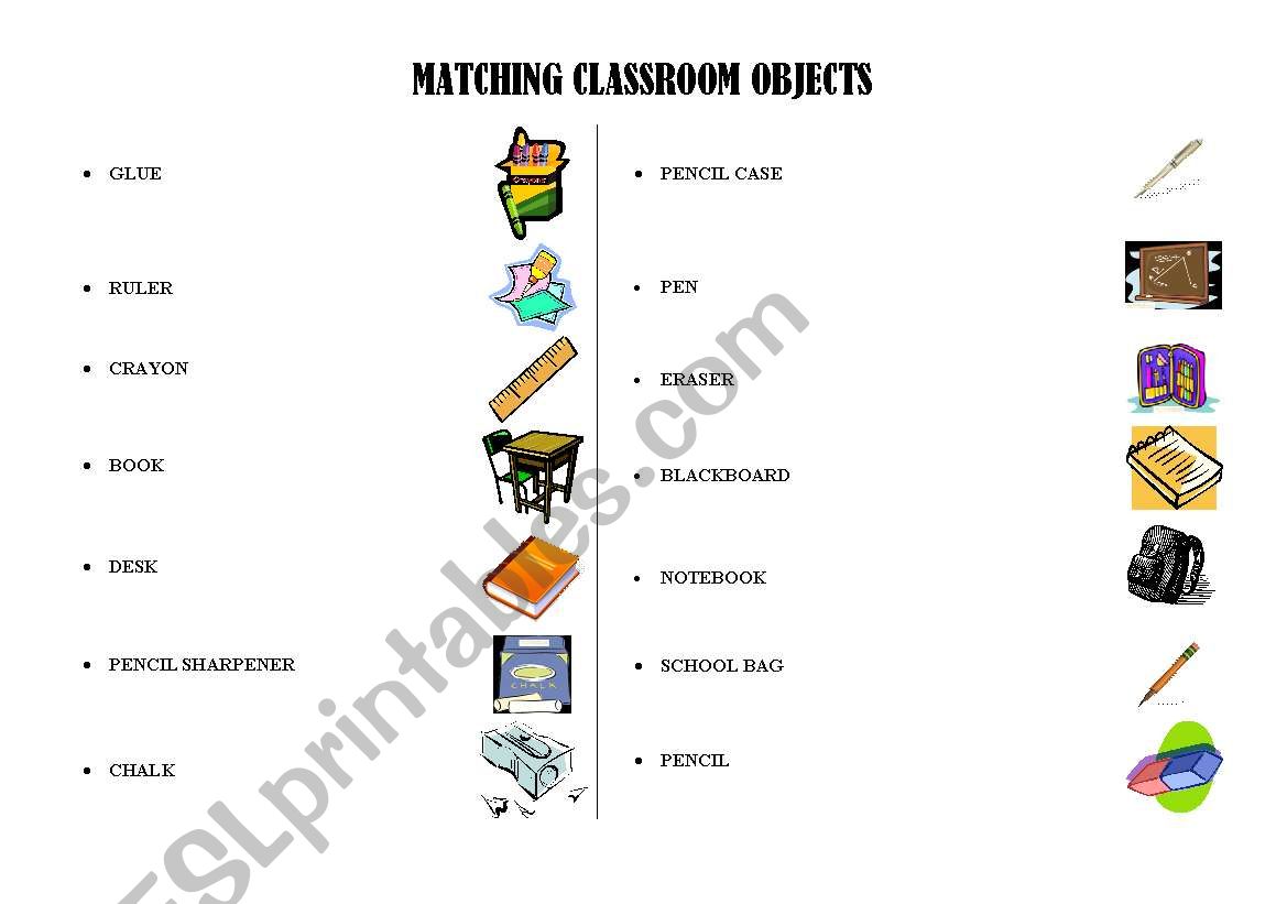 Matching classroom objects worksheet