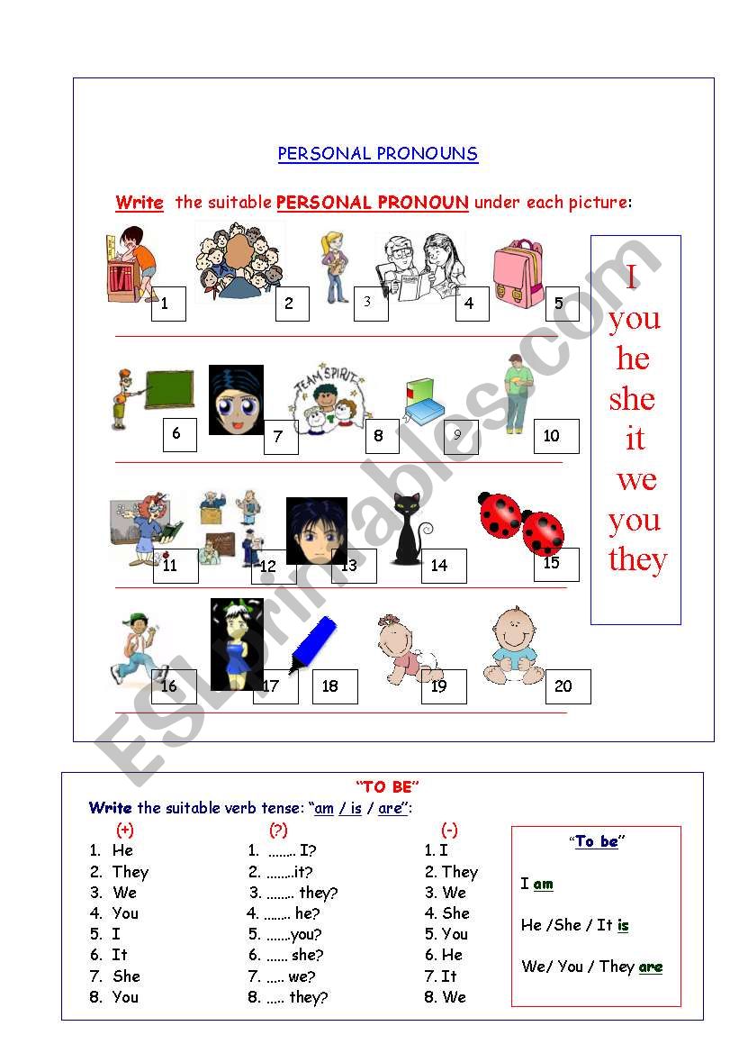 Personal Pronouns and Be worksheet