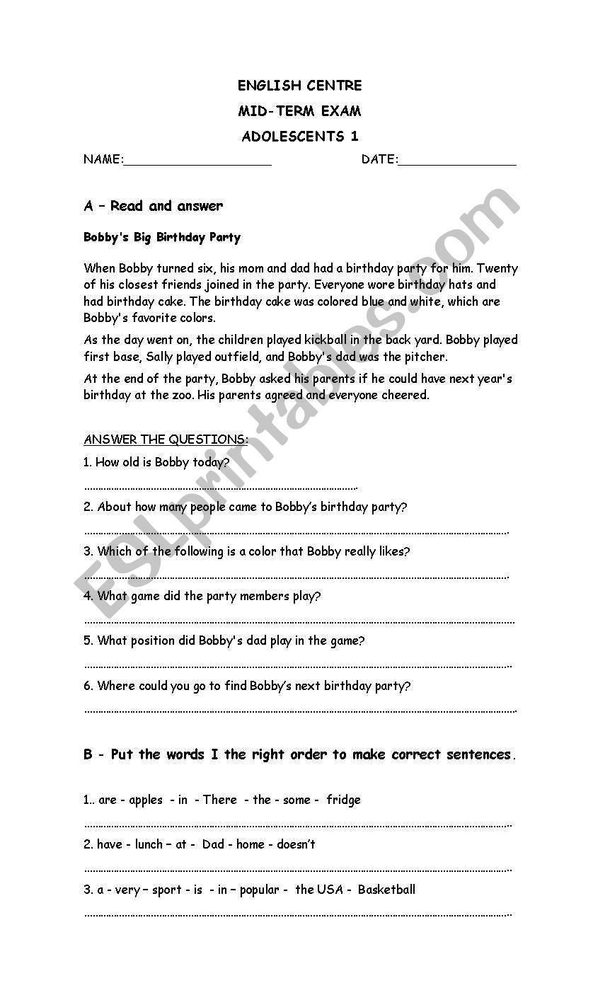 Exam elementary worksheet