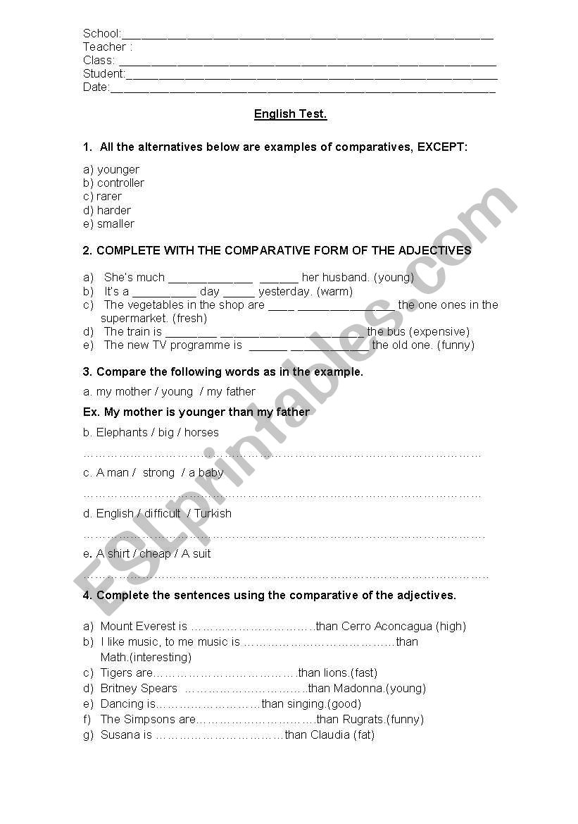Degrees test worksheet