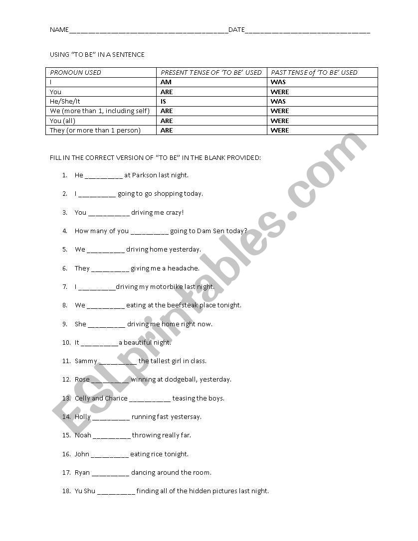 is/am/are/was/were Worsksheet worksheet