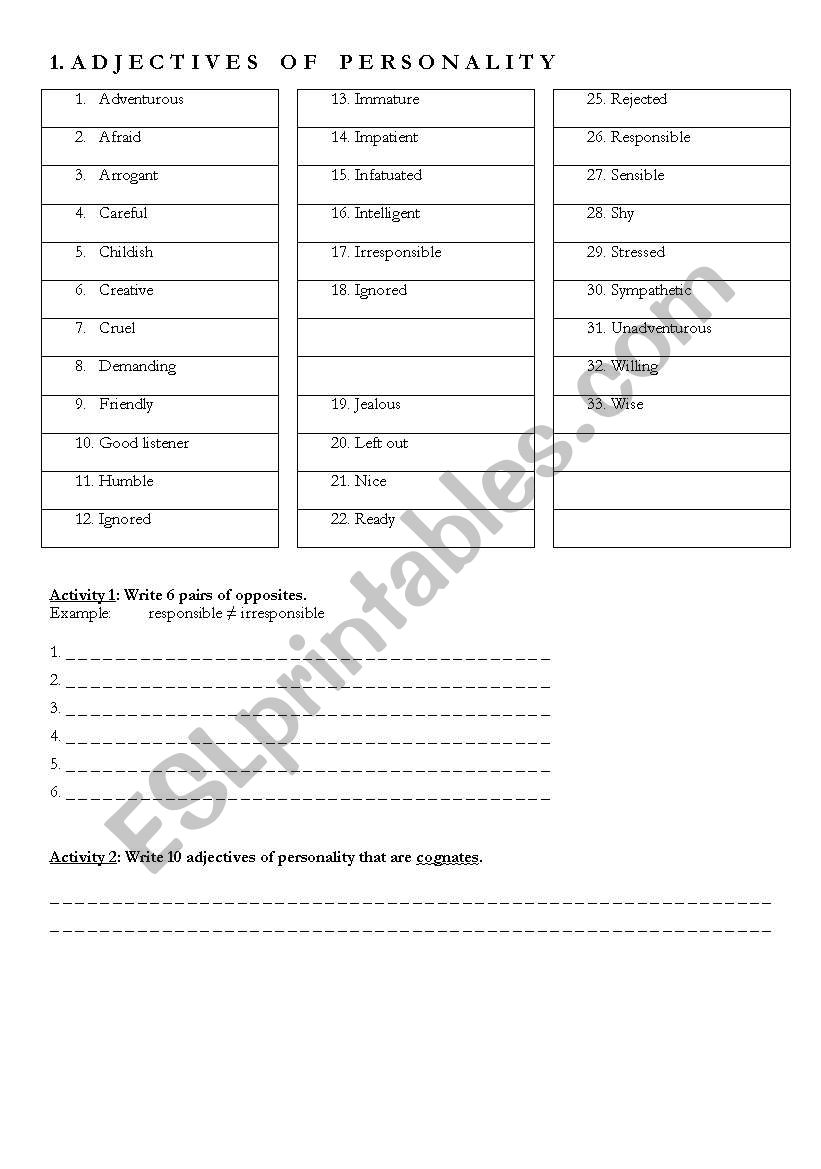 Adjectives for personality worksheet