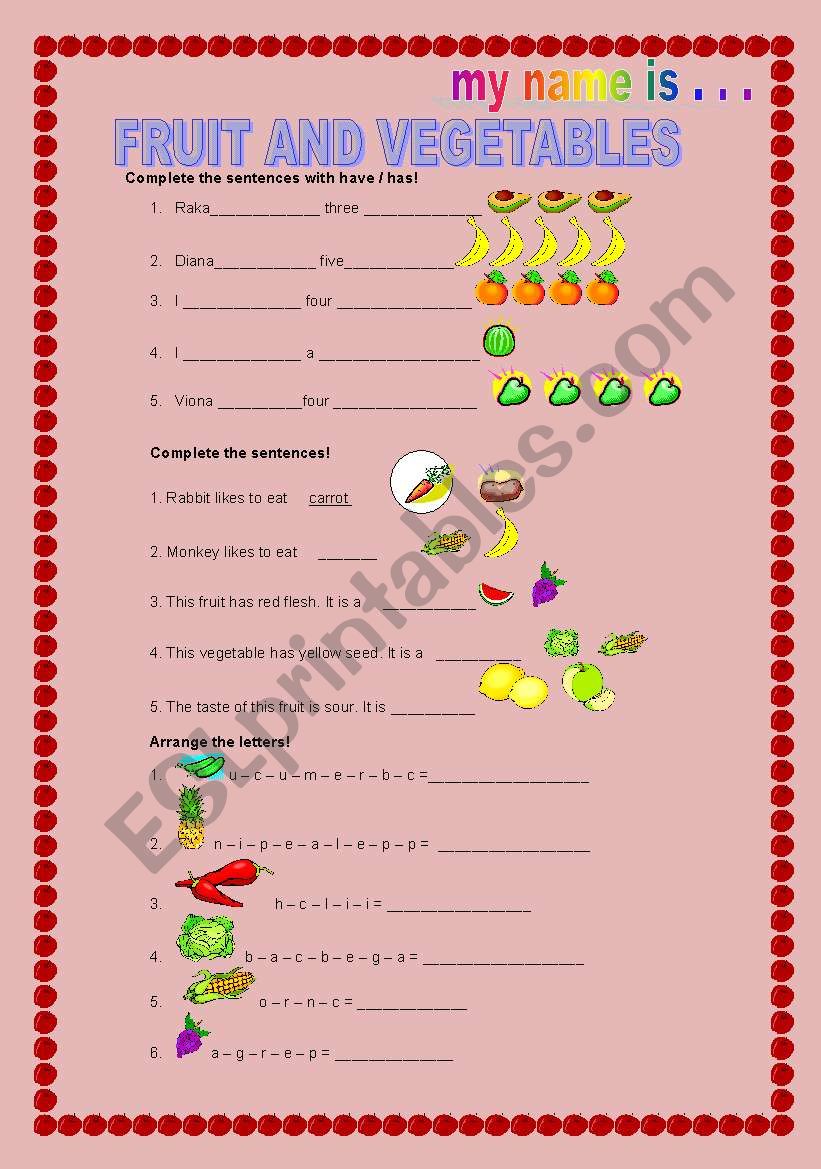 fruit and vegetables test worksheet