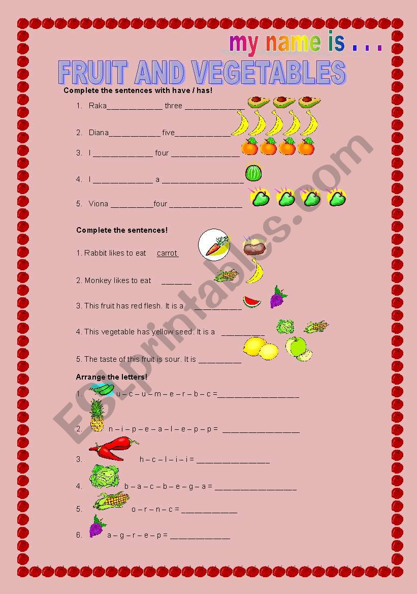 fruit and vegetables test worksheet