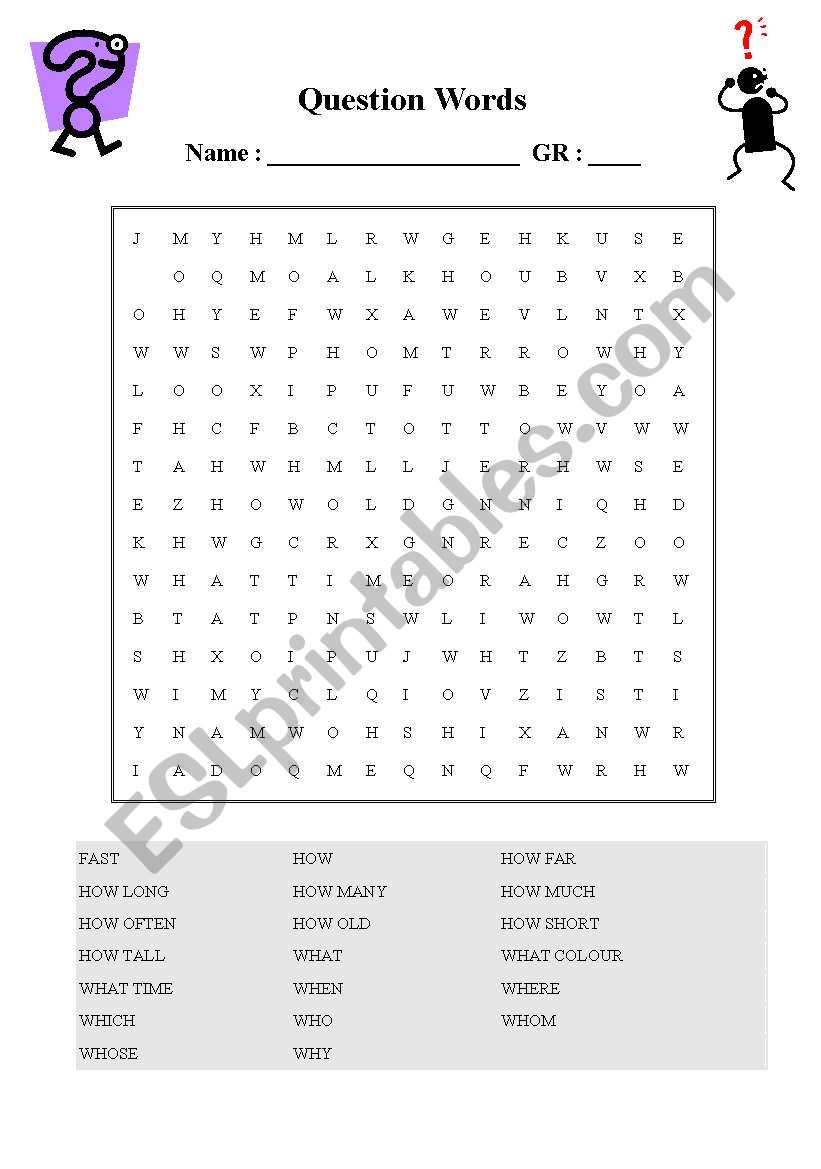 question words wordsearch  worksheet