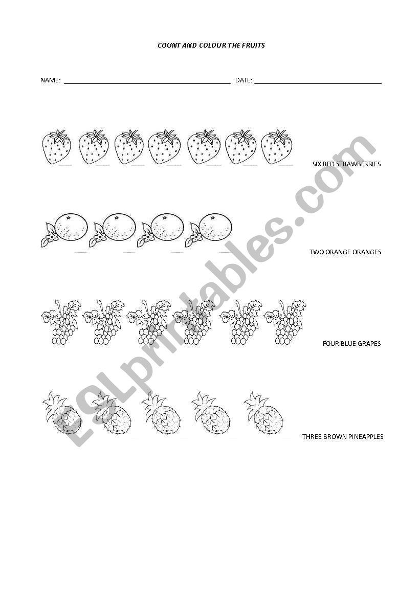 Count and colour the fruits worksheet
