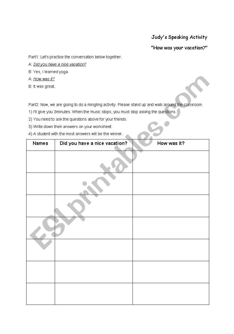 Did you have a good vacation? worksheet