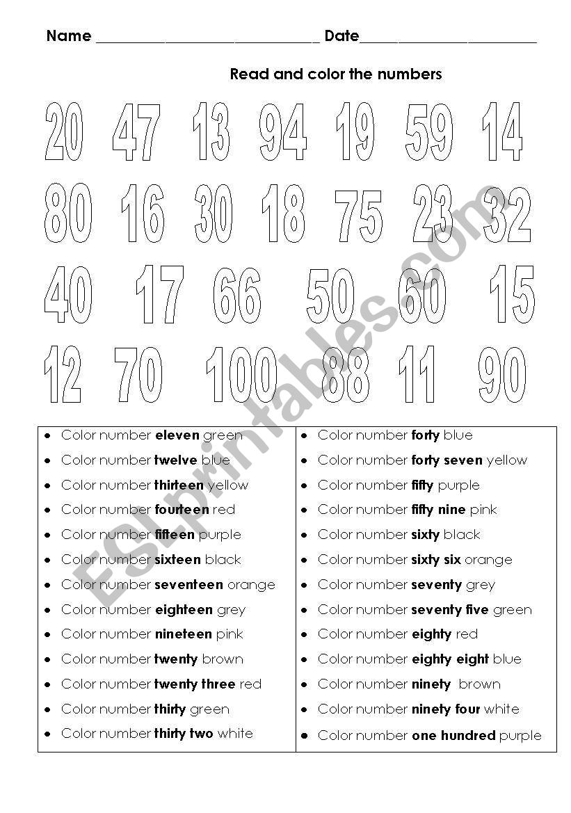 Numbers and Colors worksheet