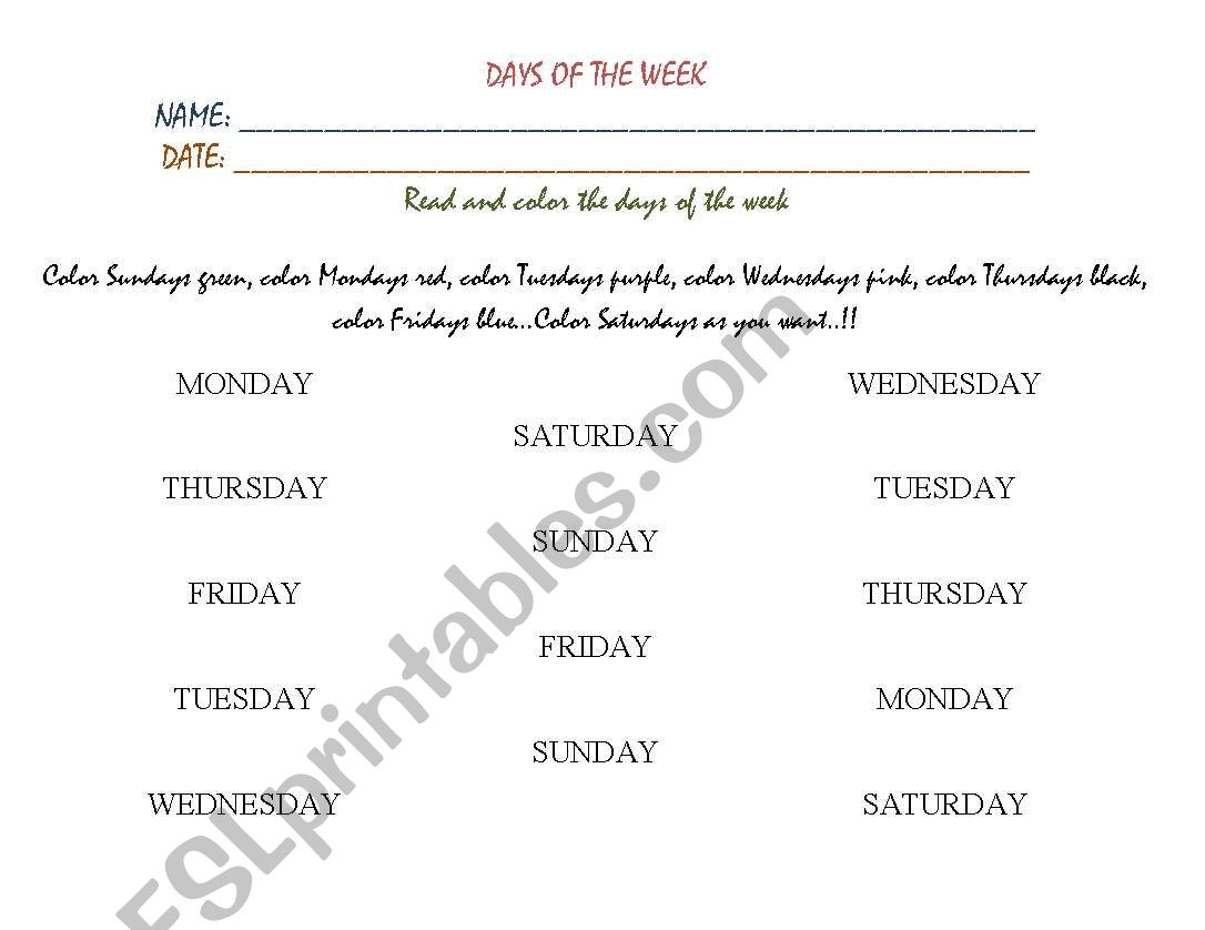 Days of the week worksheet