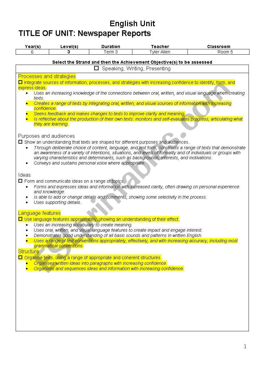 Newspaper Report Writing worksheet