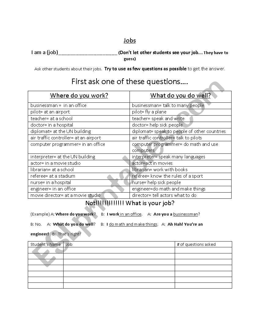 Jobs Worksheet worksheet