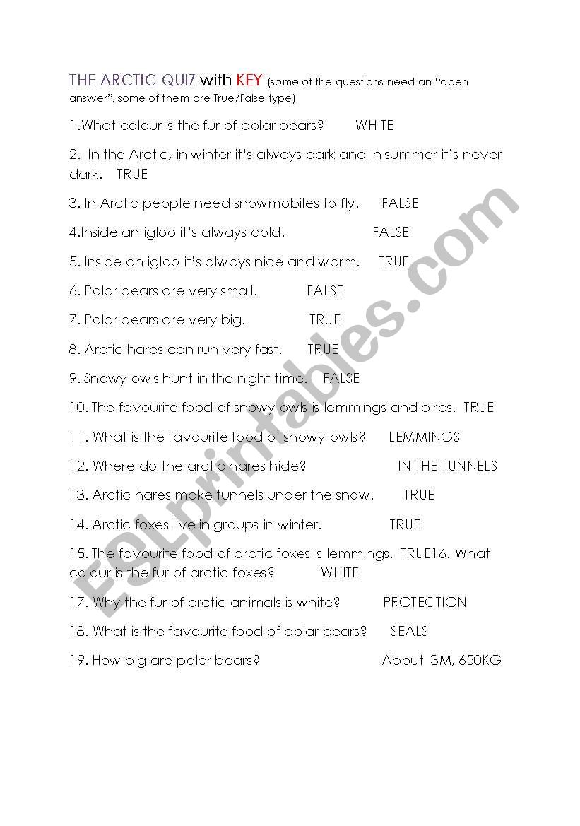 arctic life worksheet