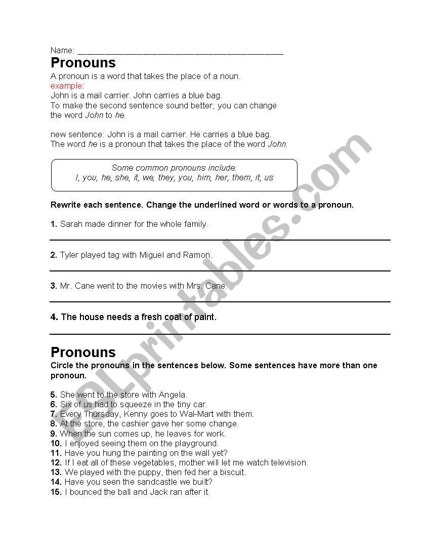 Pronoun worksheet