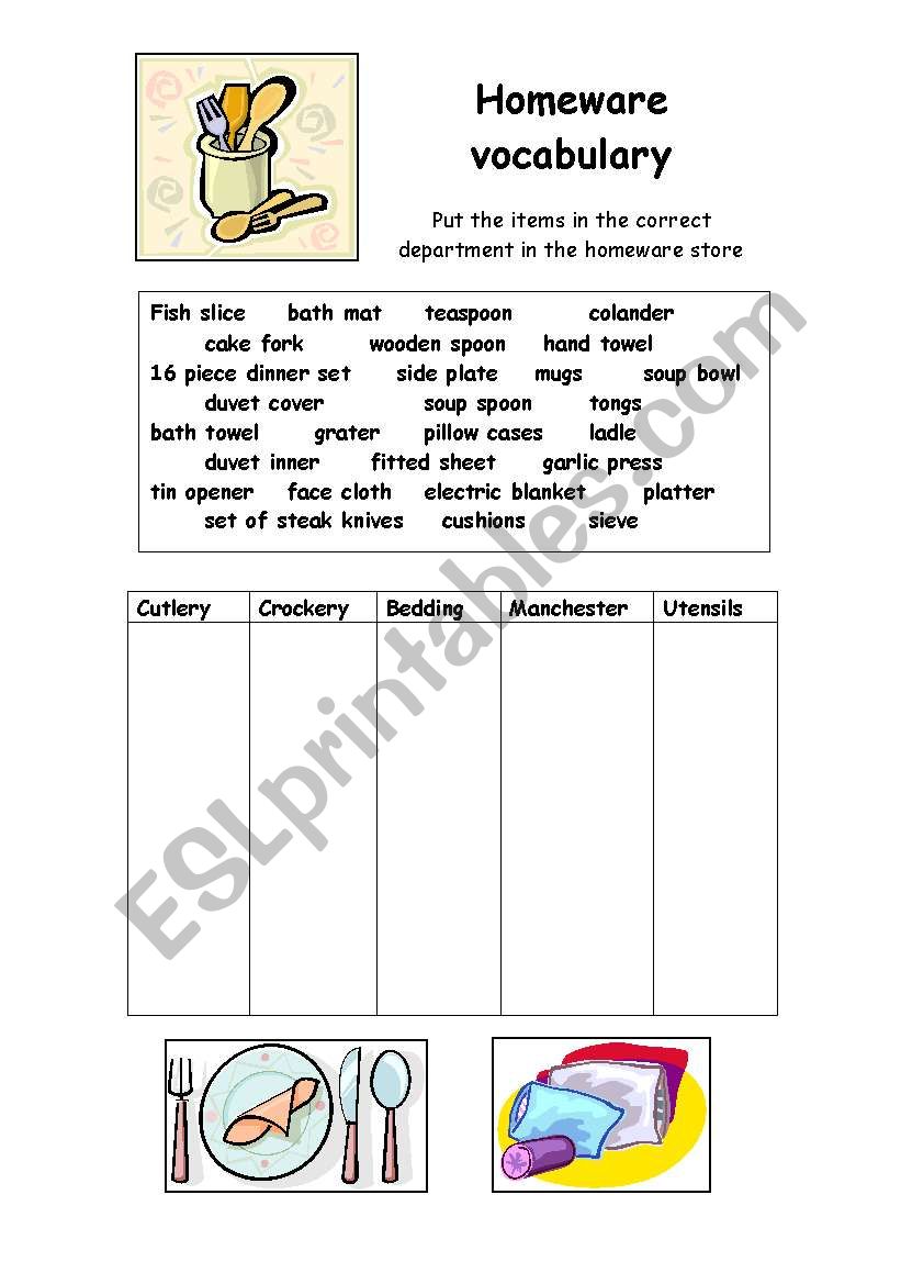 Homeware Vocabulary worksheet