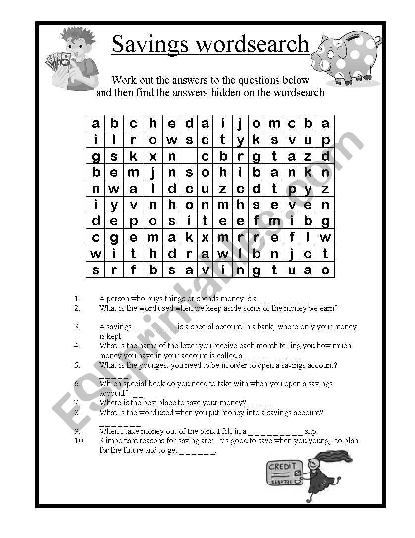 Savings wordsearch worksheet