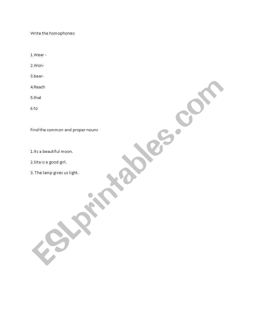 Homophones and Nouns worksheet