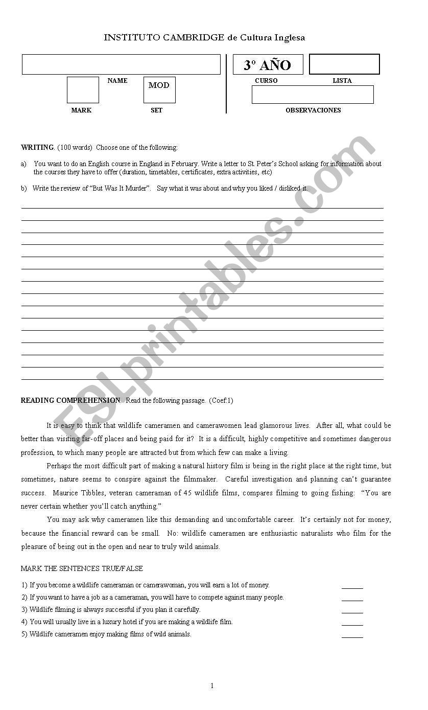 englsih tests  worksheet