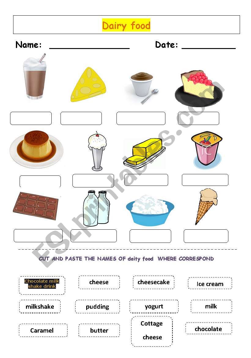 dairy food worksheet