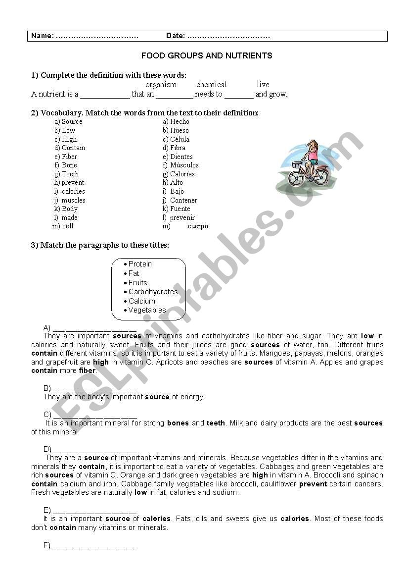 Food and nutrients worksheet