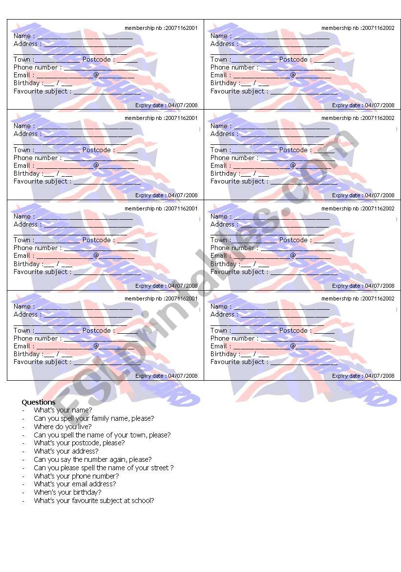 membership cards worksheet