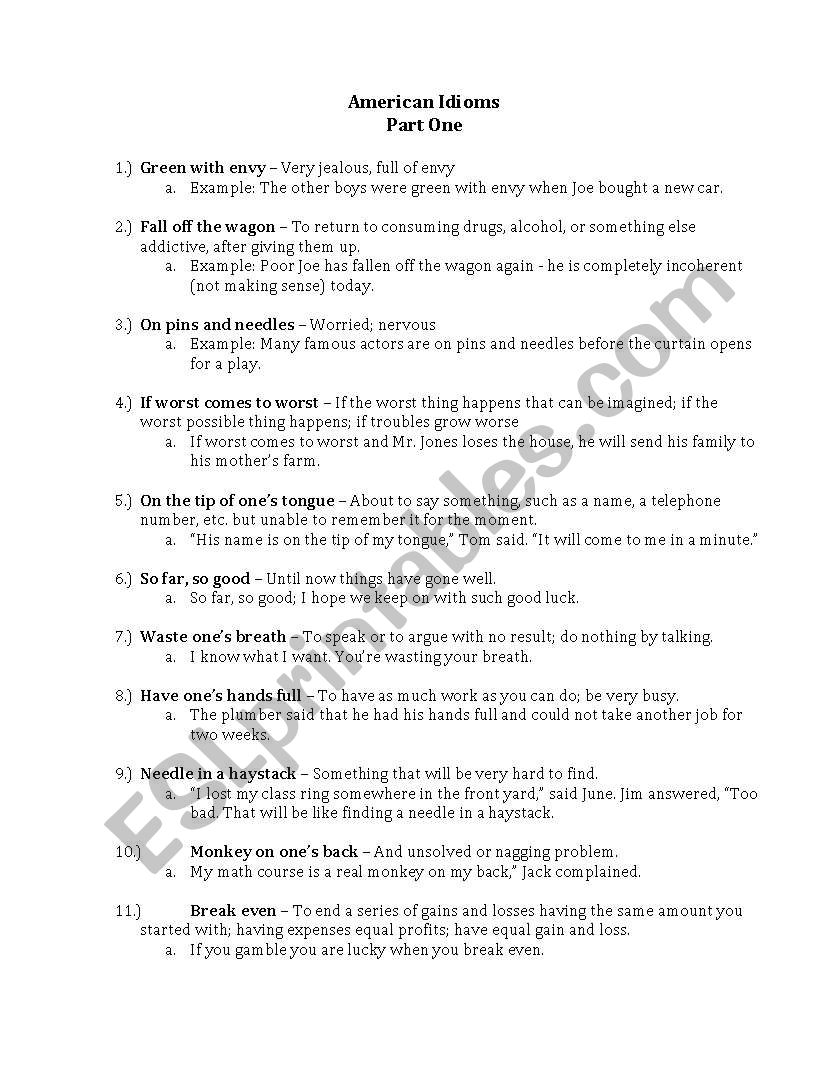 American Idioms Activity worksheet
