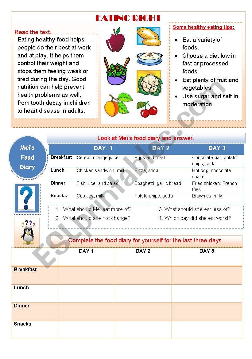 EATING RIGHT worksheet