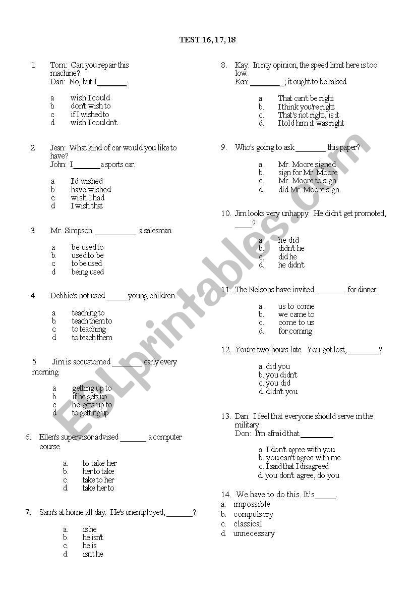 Book Test worksheet
